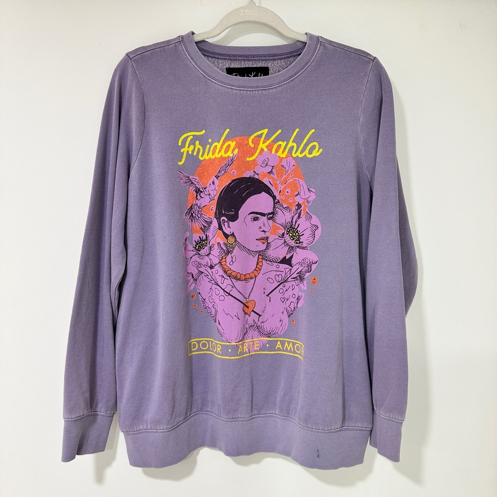 Frida Kahlo Graphic Sweatshirt Womens Size 0 Purple Dolor Arte Amor Pullover